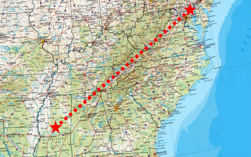 U.S. Roadmap with Dash Line Connecting Maryland to Mississippi