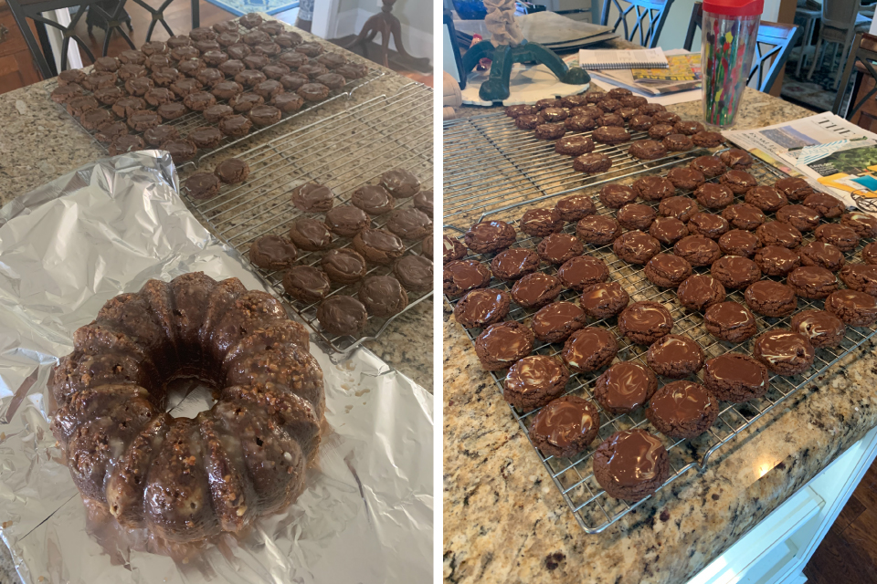 Baked goods, including a bundt cake and chocolate iced cookies, shared with community during pandemic