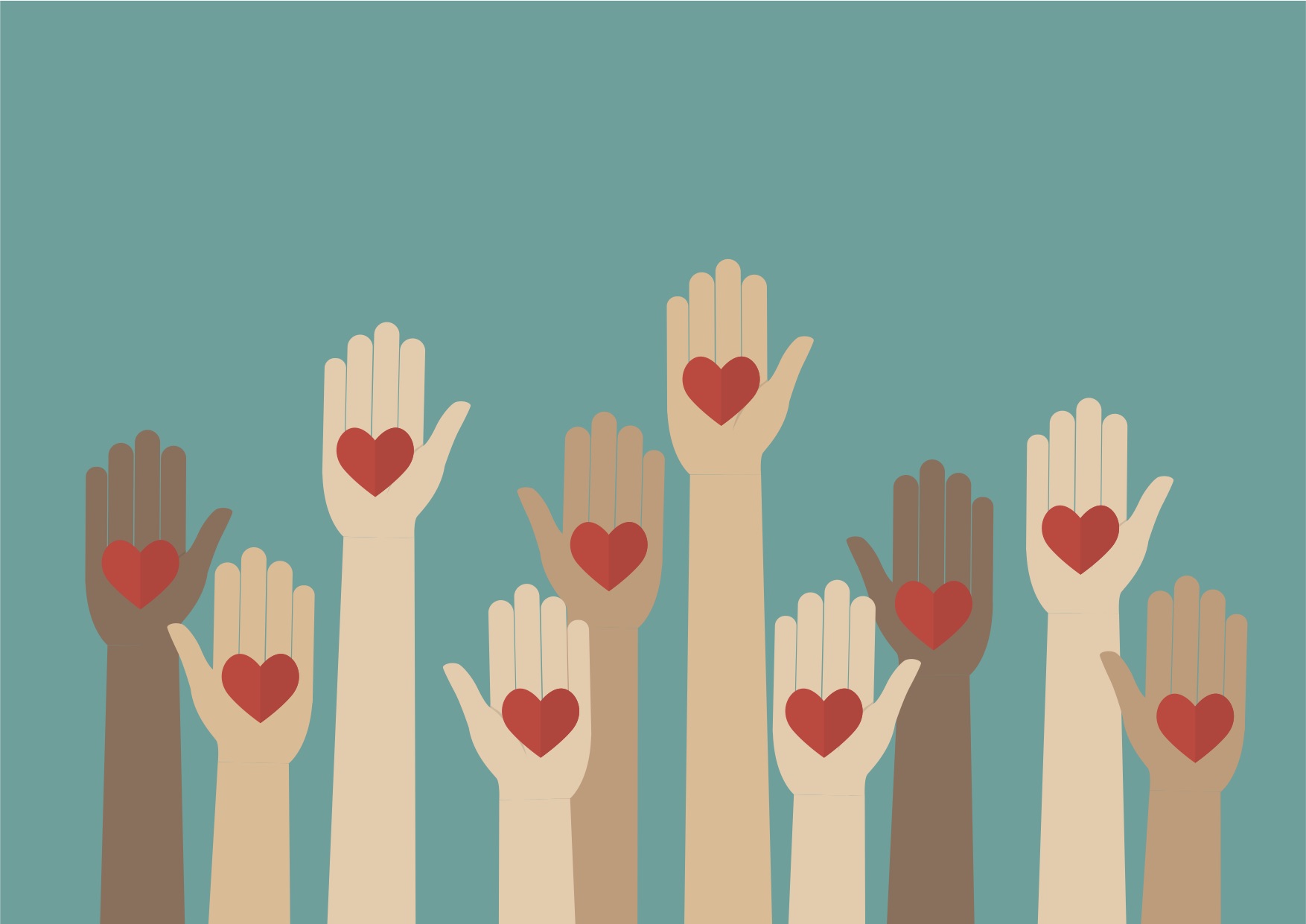 Raised hands with hearts in the middle of them set against a teal background.