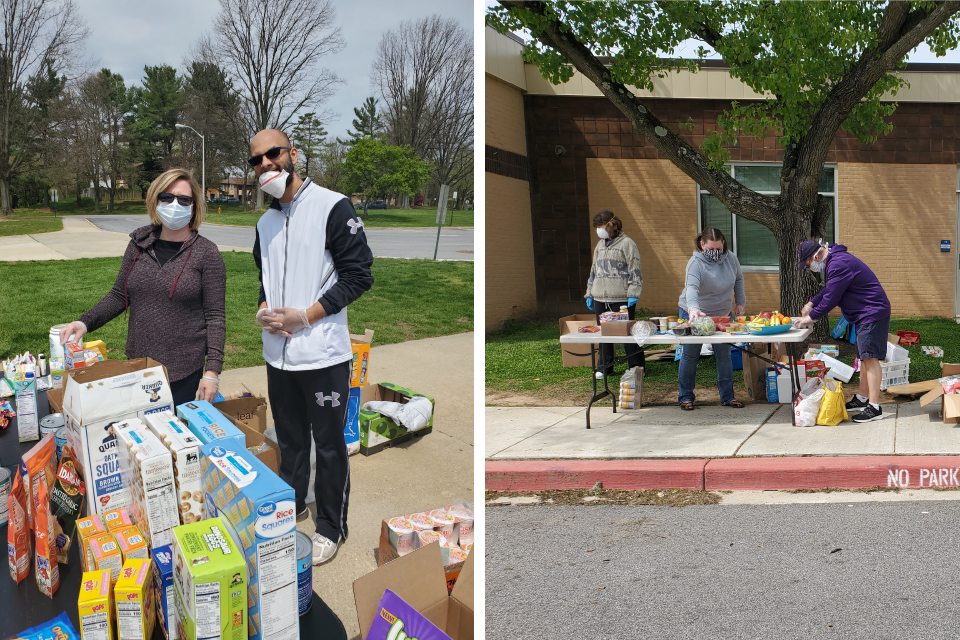 Columbia Community Cares Food Drive outside of a school, offering a table of cereals and snacks