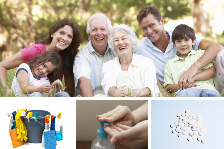 Collage of photos featuring a family, household cleaning products, hand sanitizer, and medications.