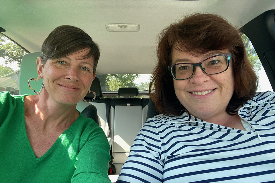 Becky Ceraul and Lisa Lebovitz carpooling together.